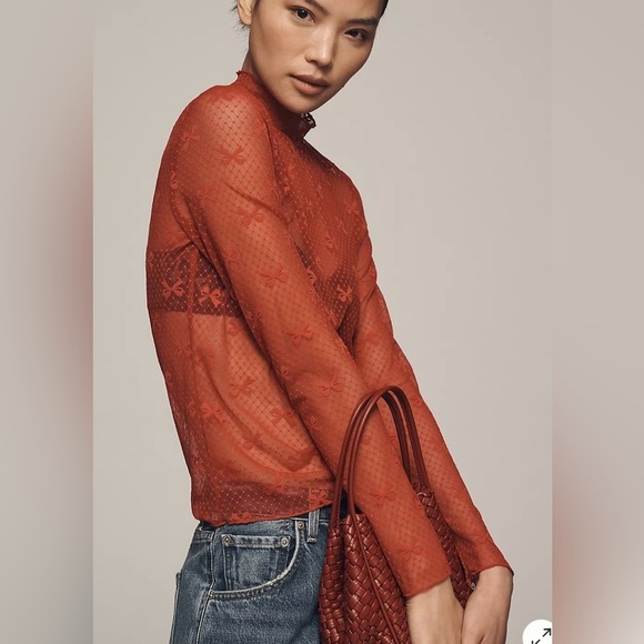 New w/ Tags NWT Anthropologie Maeve Bow Lace Turtleneck Elegant Lace Top Size XS - Picture 7 of 8